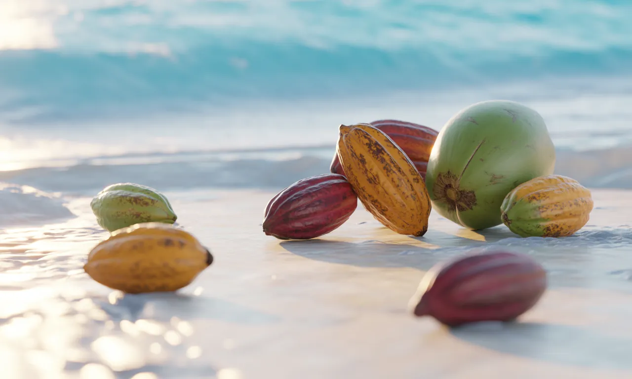 Cacao pods and beans resting on a sandy beach